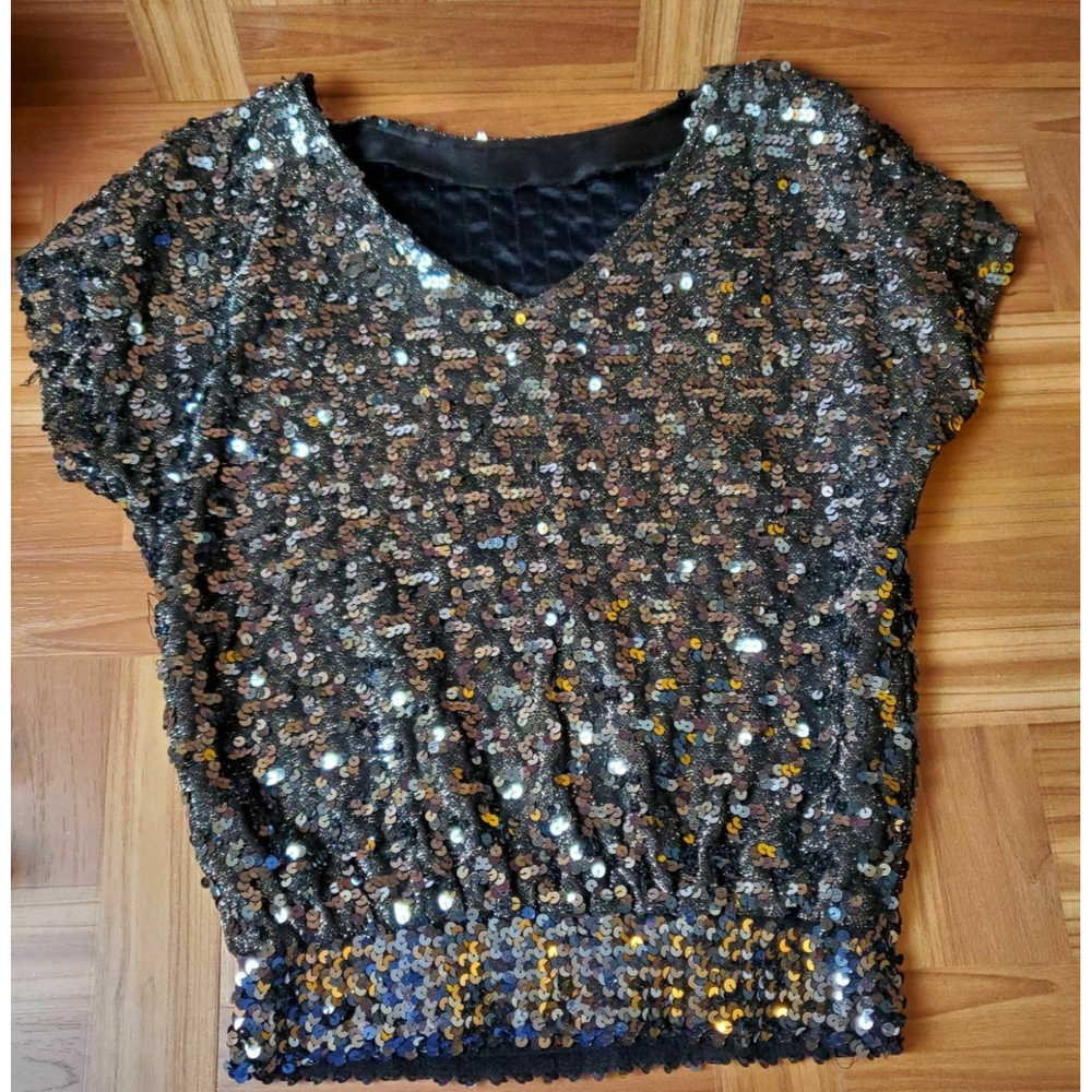 Glenrob Ltd Women's Vtg Black Sequin Sleeveless Top 5-6 Rayon Metallic Lined